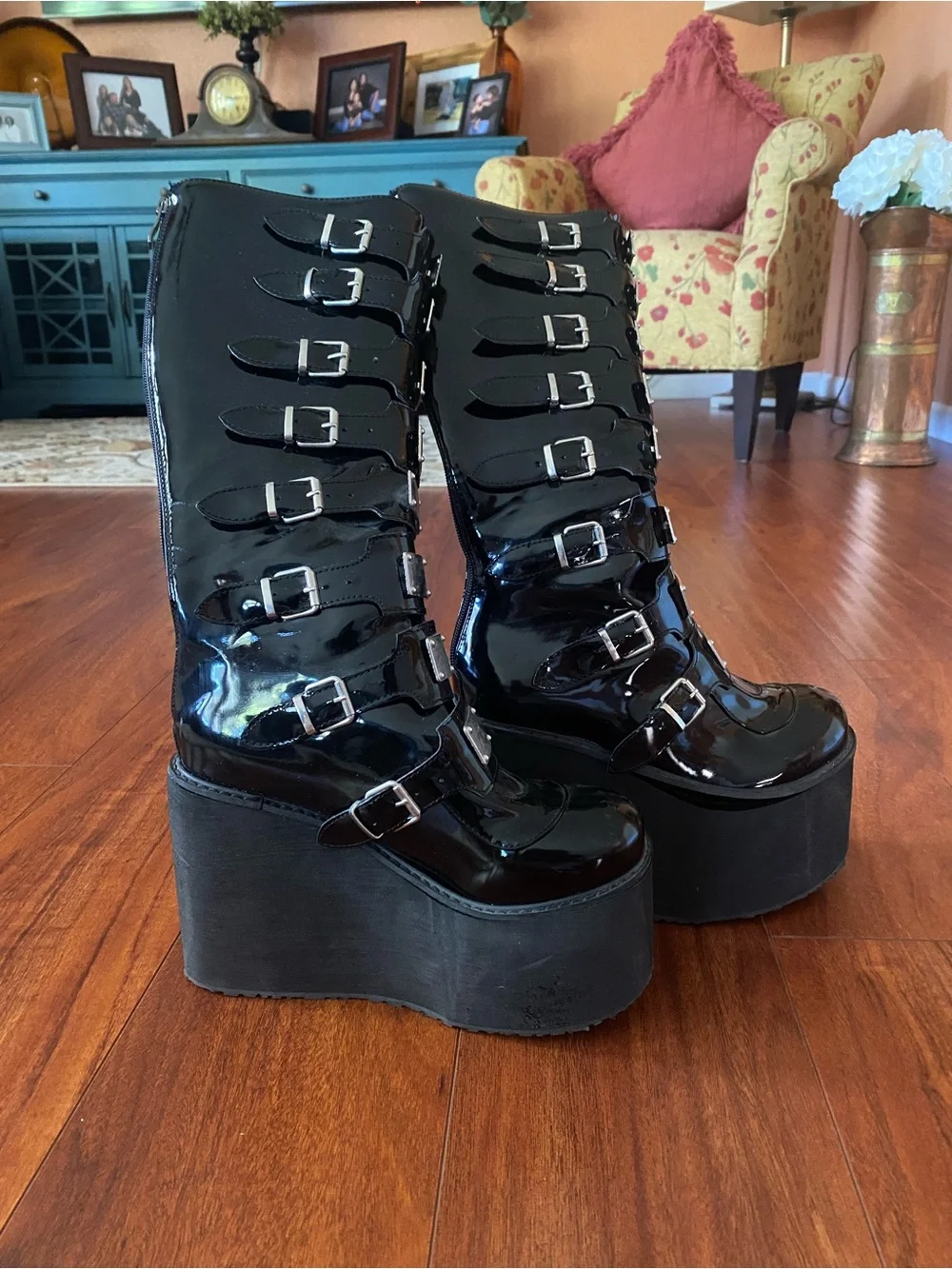 DOLLS KILL Demonia Black Patent Knee Buckle Platform Boots
